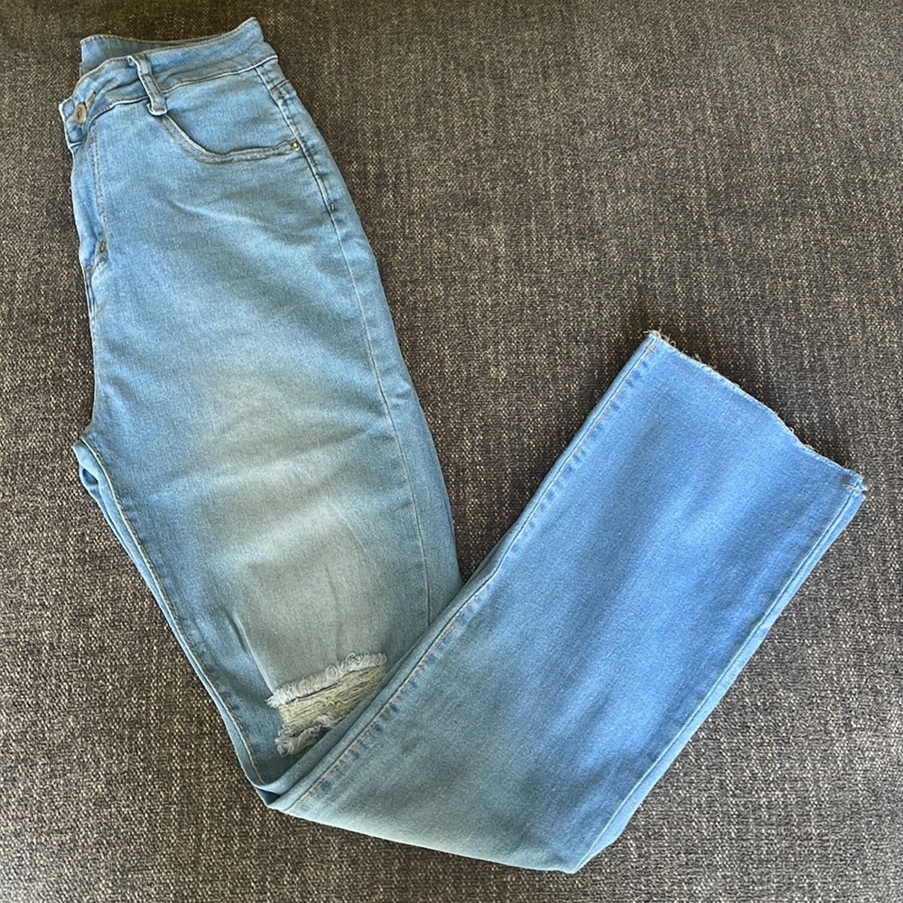 Distressed Blue Pipped High-Waist Flare Jeans Size M